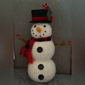 Primitive Wool Felted Snowman Red Pip Berries Accents Plaid Scarf